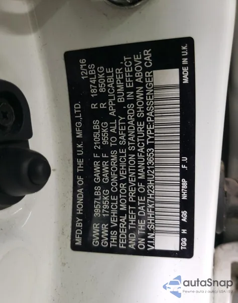 2017 Honda Civic Lx z USA, uszkodzony, nr VIN SHHFK7H23HU213653